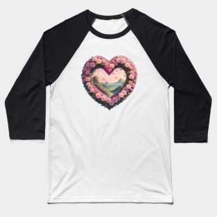 Pink Floral Heart Framing Landscape Baseball T-Shirt